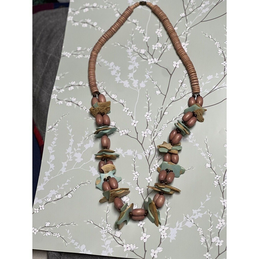 Boho Wood Bead Shell Necklace 15 Inch Brown Tan Green